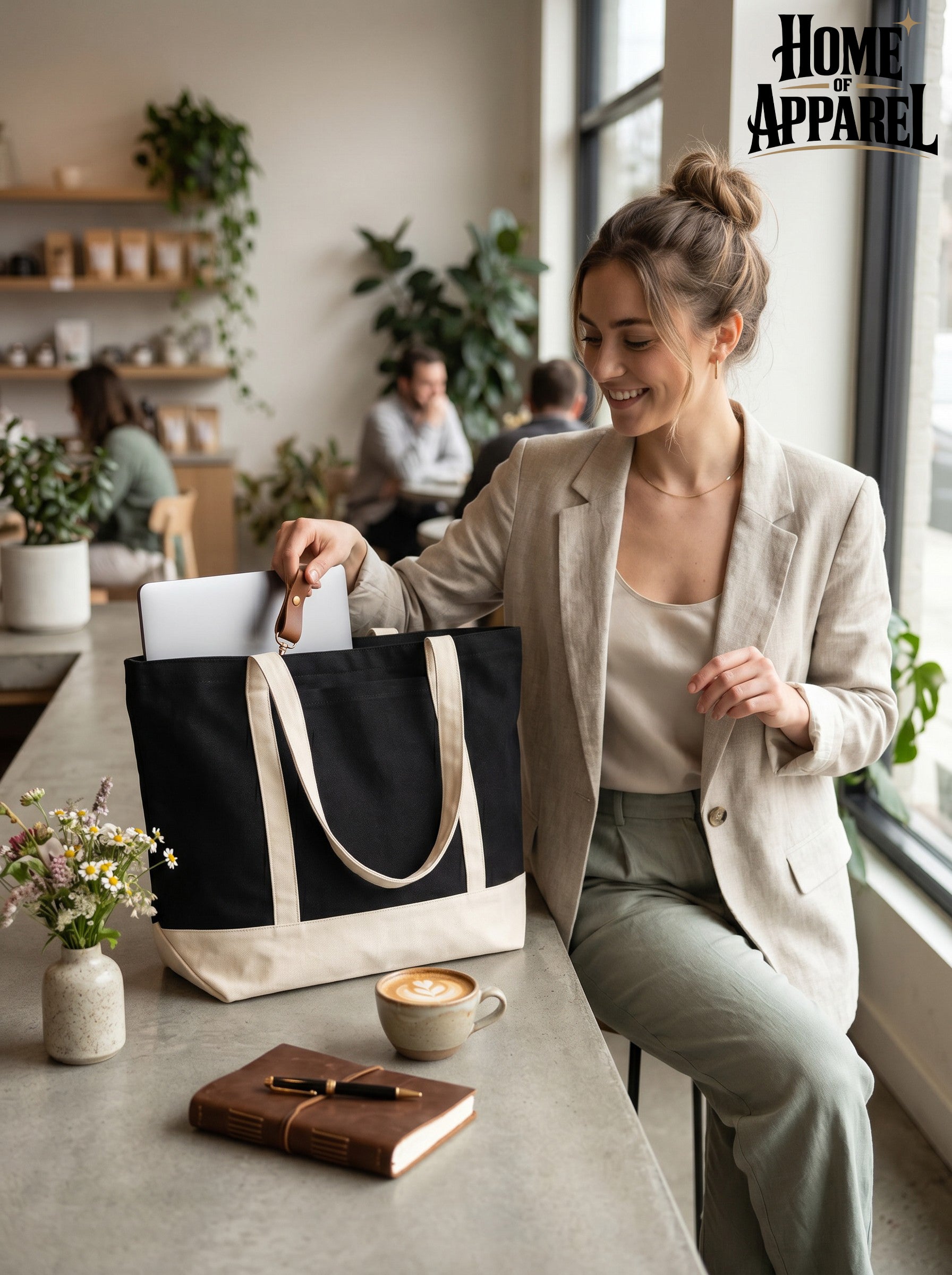 Customizable 20x16 heavy duty Premium Canvas Tote Bag – Black with Beige Straps | Large Everyday Shoulder Bag
