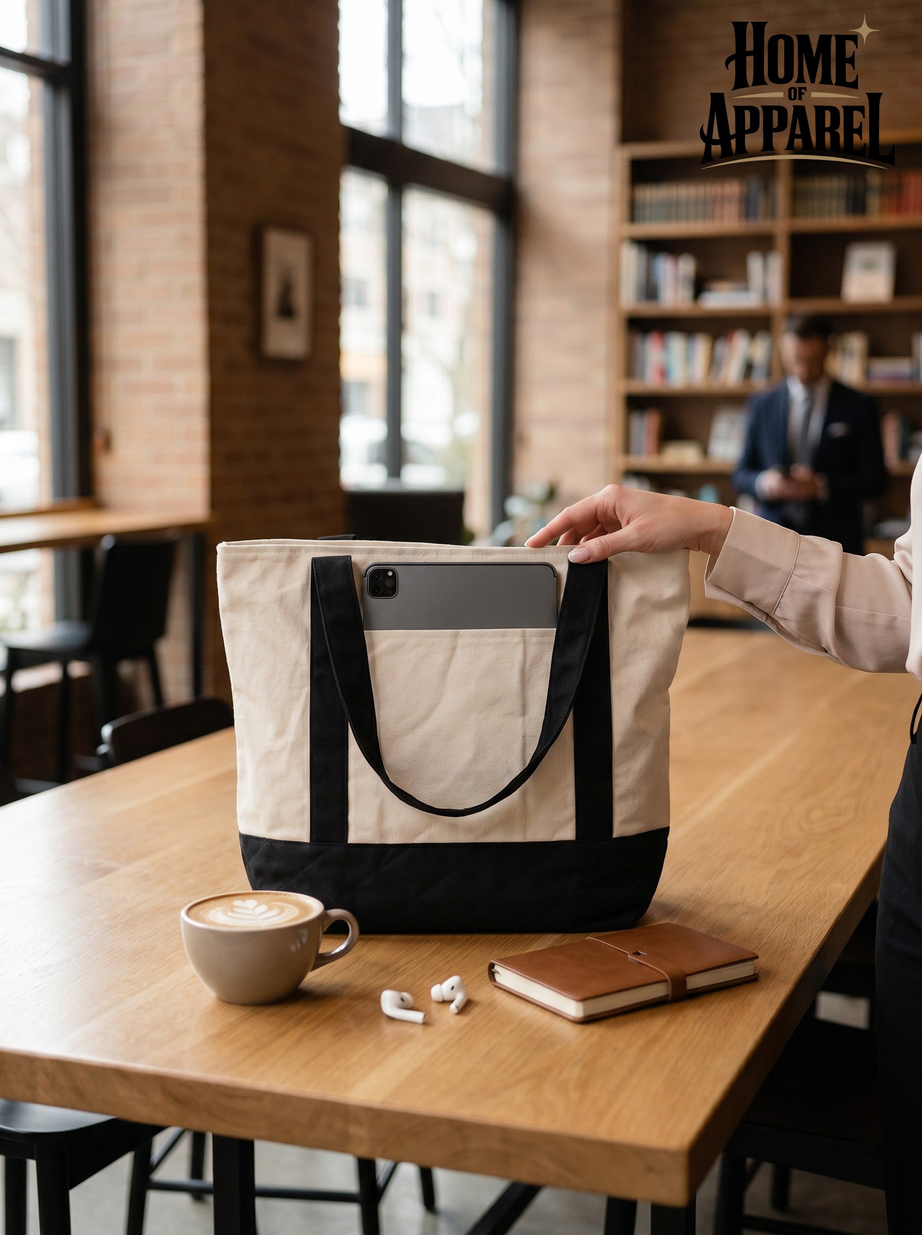 Heavy Duty self standing Canvas Tote Bag 1063– Beige with Black Bottom & Straps, Zipper Closure, Multi-Compartment