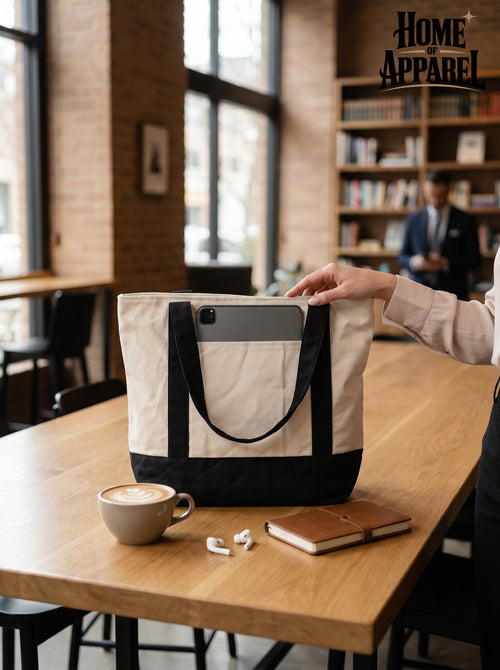 Heavy Duty self standing Canvas Tote Bag 1063– Beige with Black Bottom & Straps, Zipper Closure, Multi-Compartment