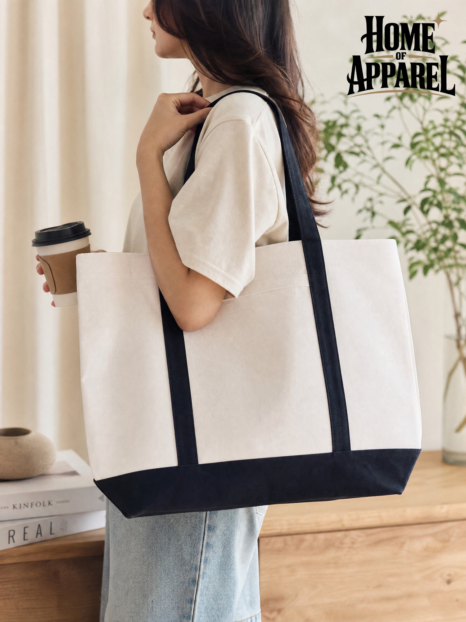 20x16 Customizable Premium Canvas Tote Bag – Beige with Black Straps | Large Everyday Shoulder Bag