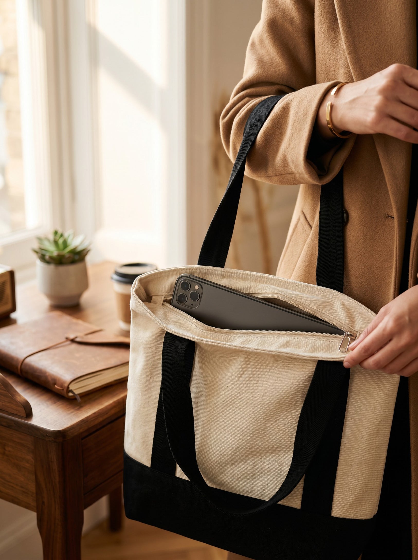 Extra Wide Bottom Heavy Duty self standing Canvas Tote Bag 1063– Beige with Black Bottom & Straps, Zipper Closure, Multi-Compartment