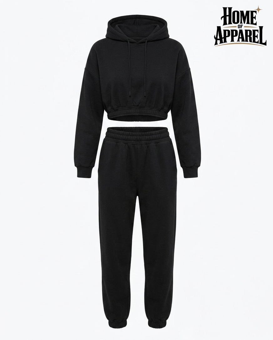 Cotton Fleece Cropped Pullover Hoodie Set