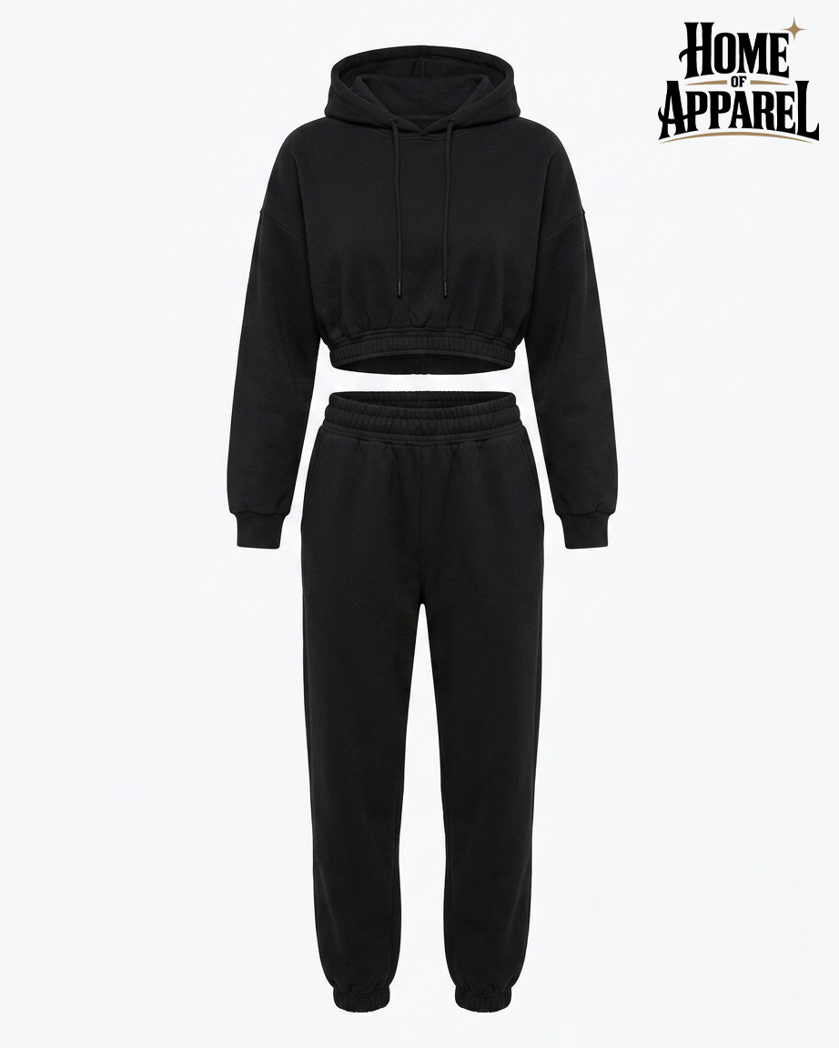 Cotton Fleece Cropped Pullover Hoodie Set