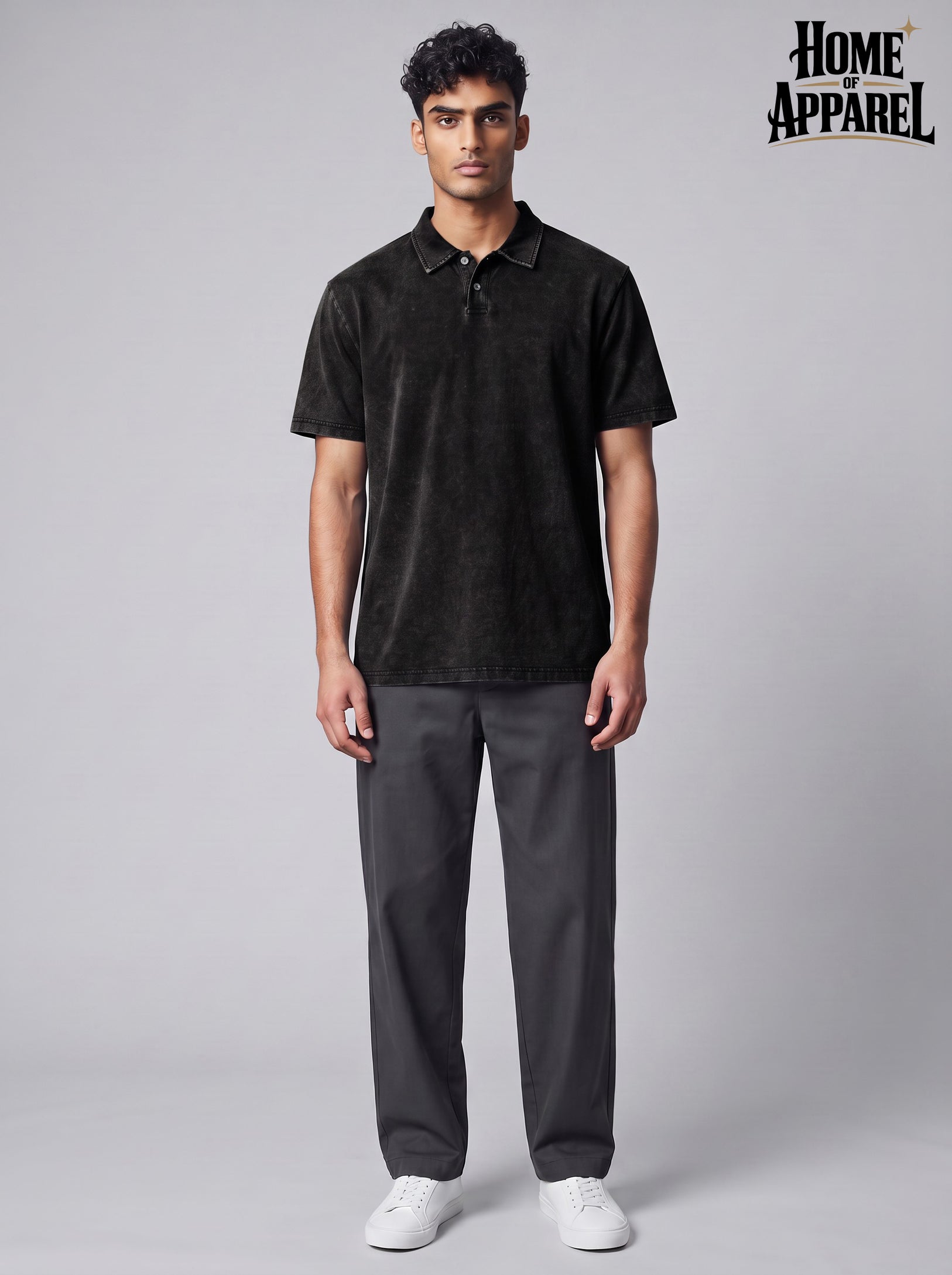 Men’s faded black washed heavyweight cotton polo shirt