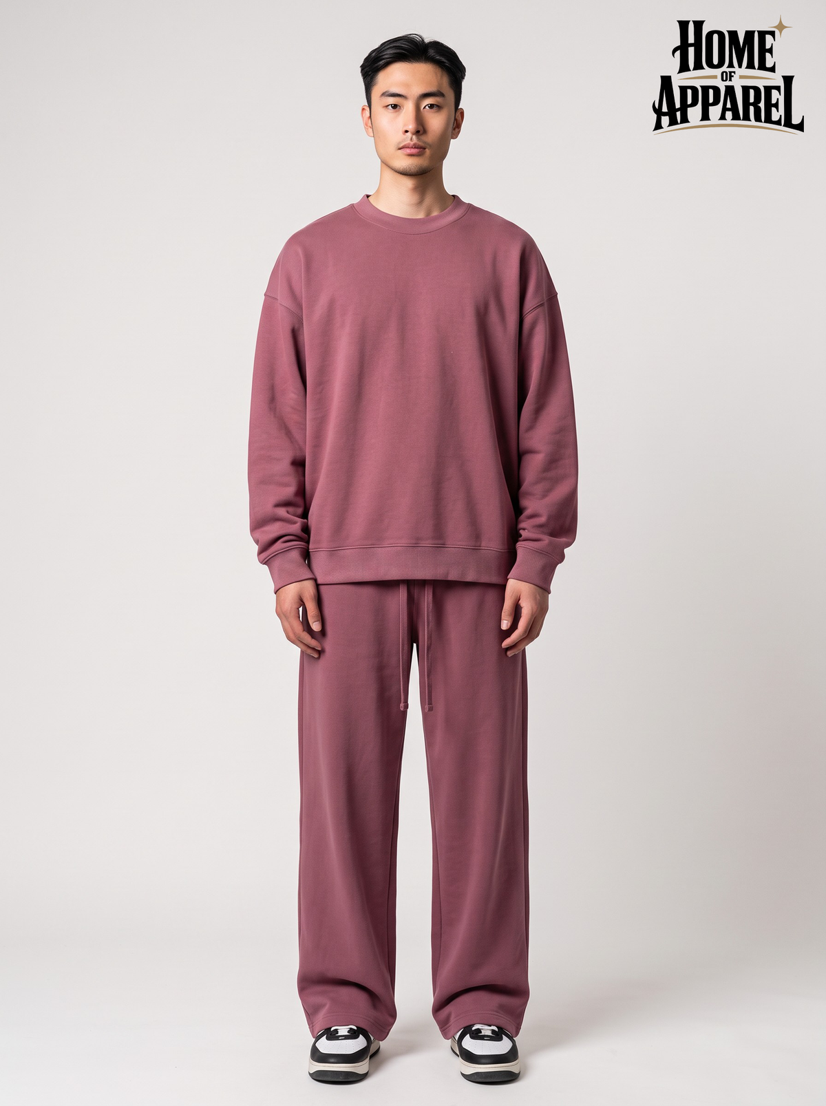 Rose gold men's cotton sweatsuit with oversized relexed fit sweatshirt and matching sweatpant front View