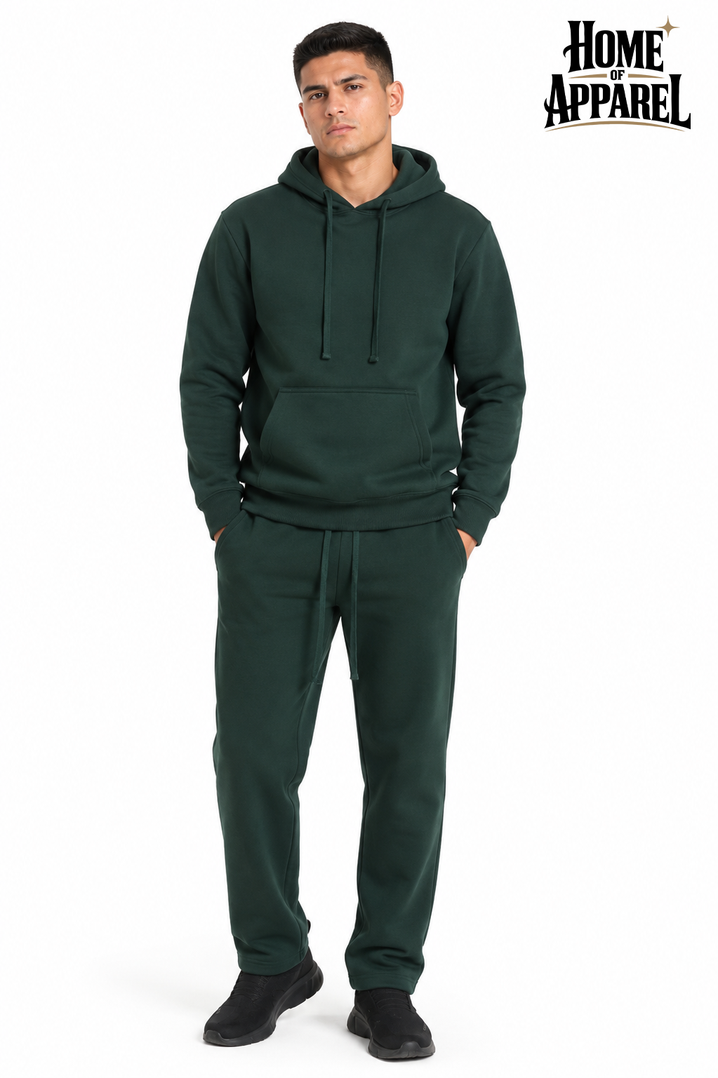 Men's green heavyweight cotton fleece sweatsuit with hoodie and jogger pants