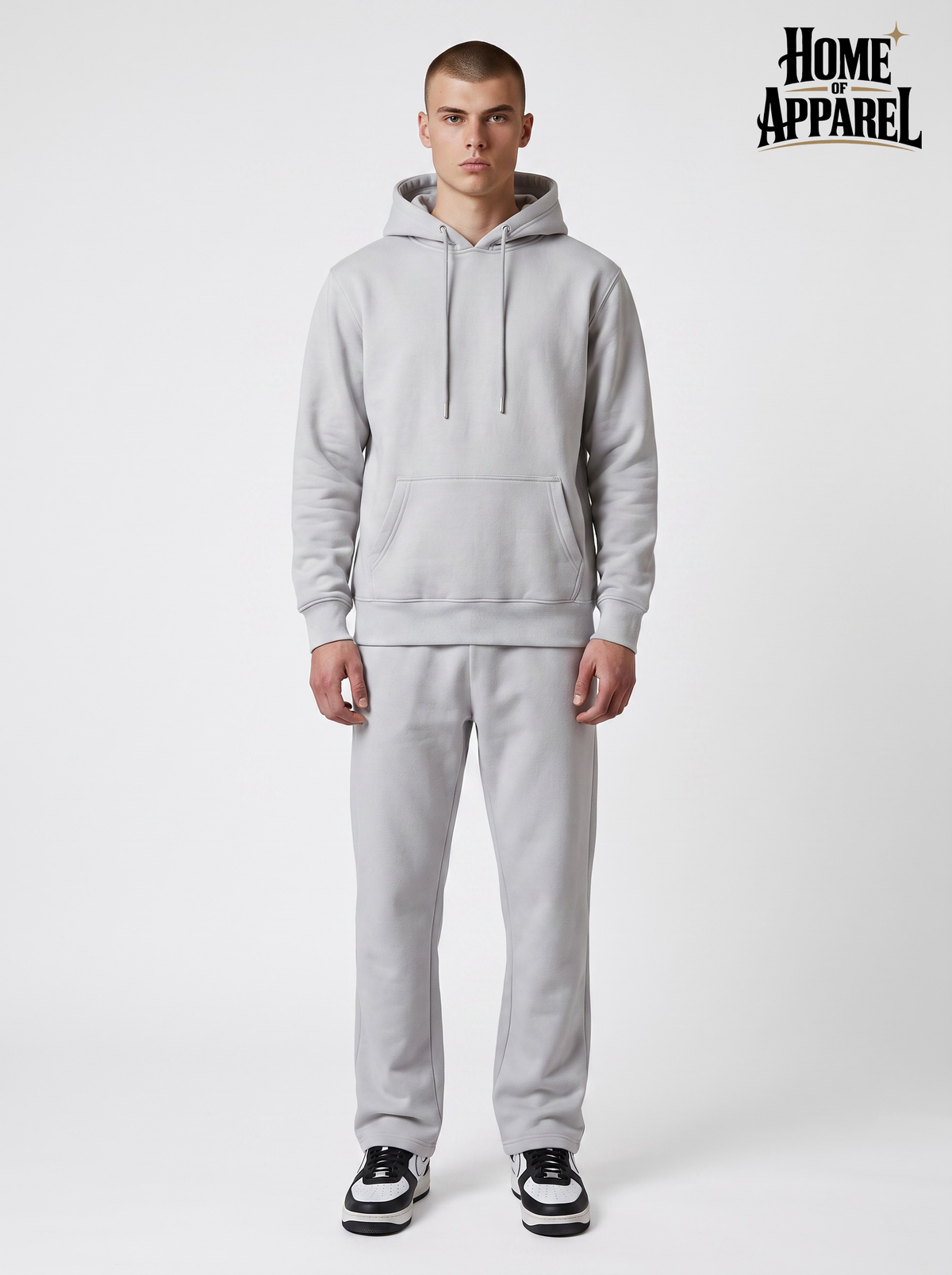 Men's heather grey cotton fleece sweatsuit featuring hoodie and matching pant