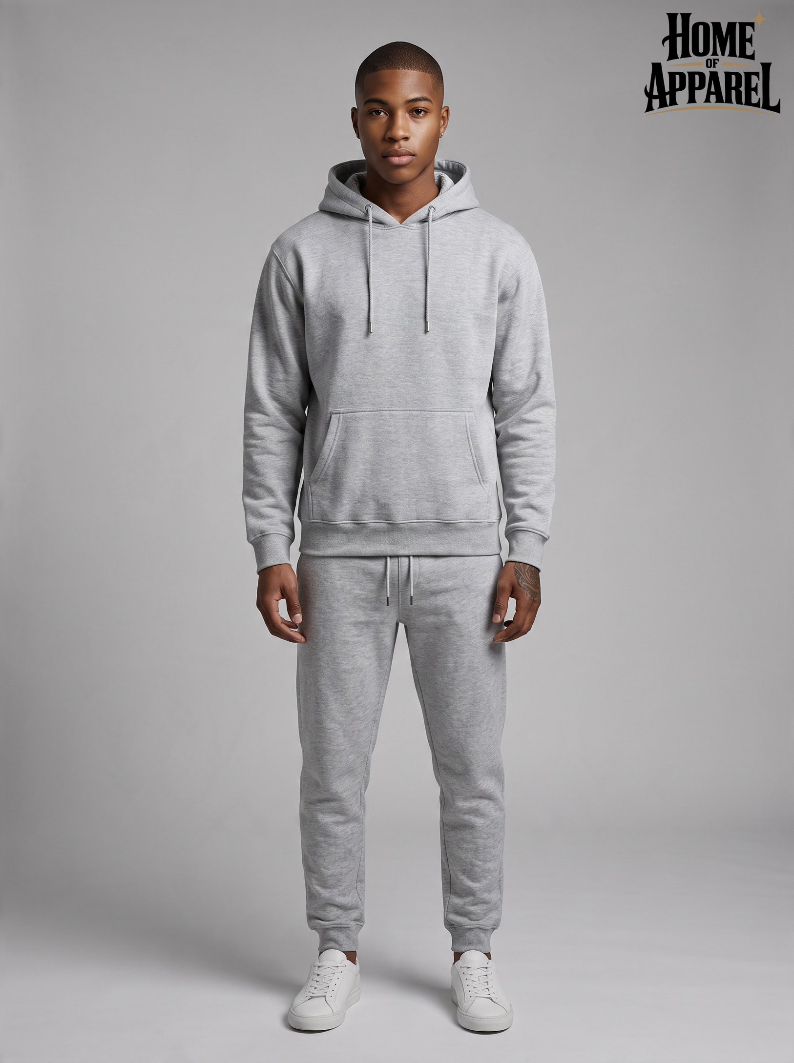 Heather grey Premium 300 GSM cotton fleece sweatsuit set with hoodie and jogger pants