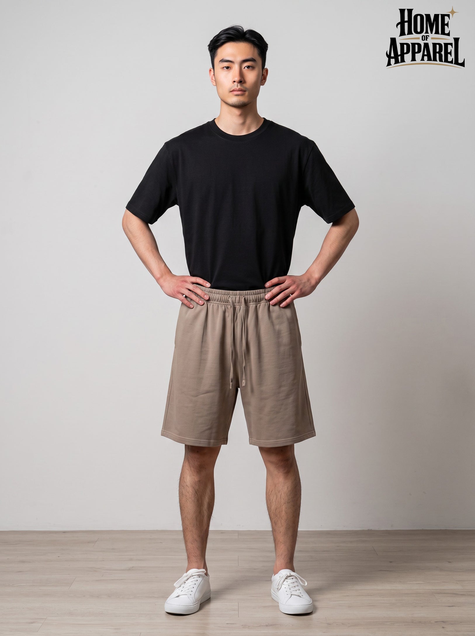 Khaki vintage-washed French terry shorts, front view