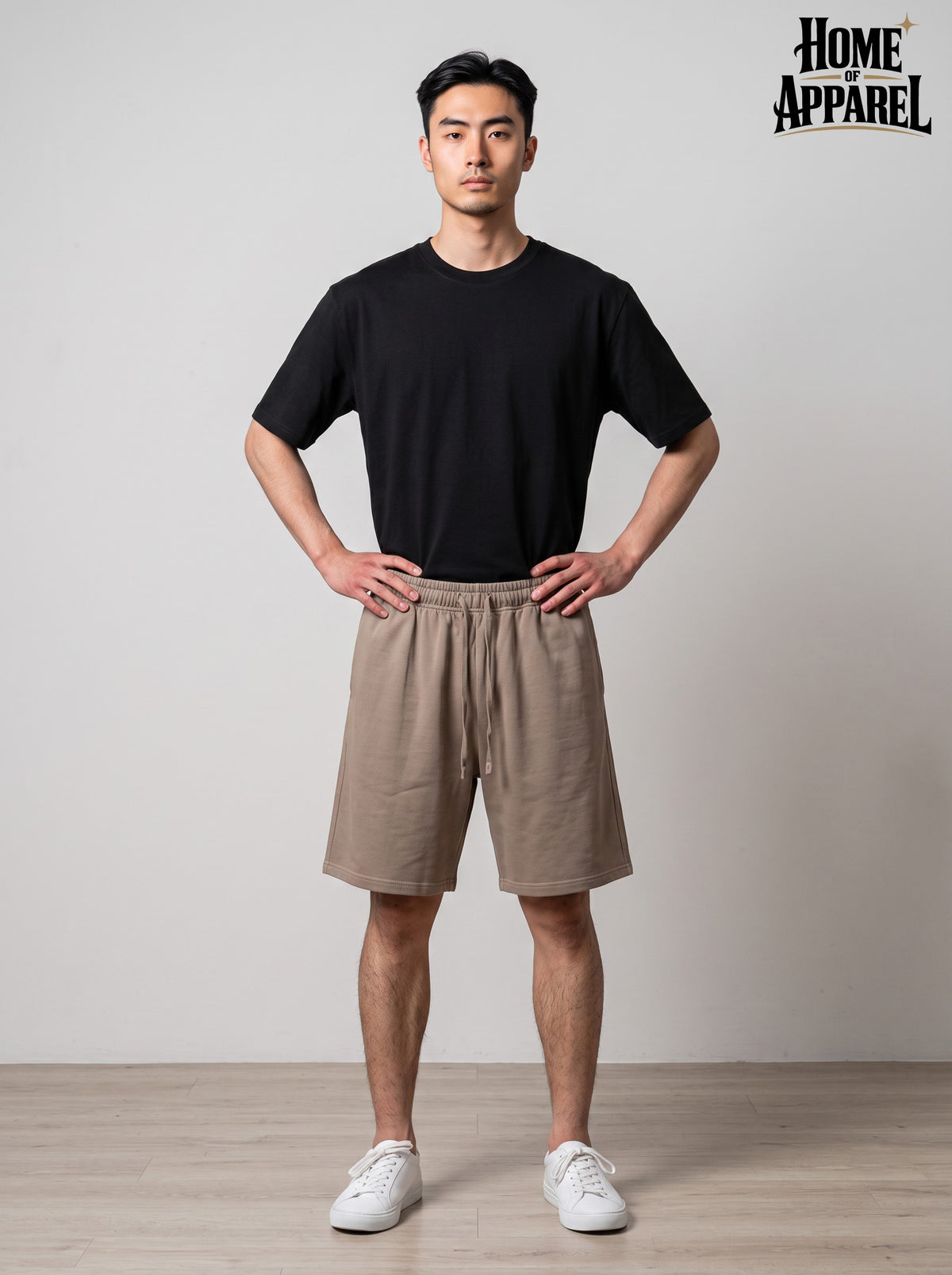 Khaki vintage-washed French terry shorts, front view