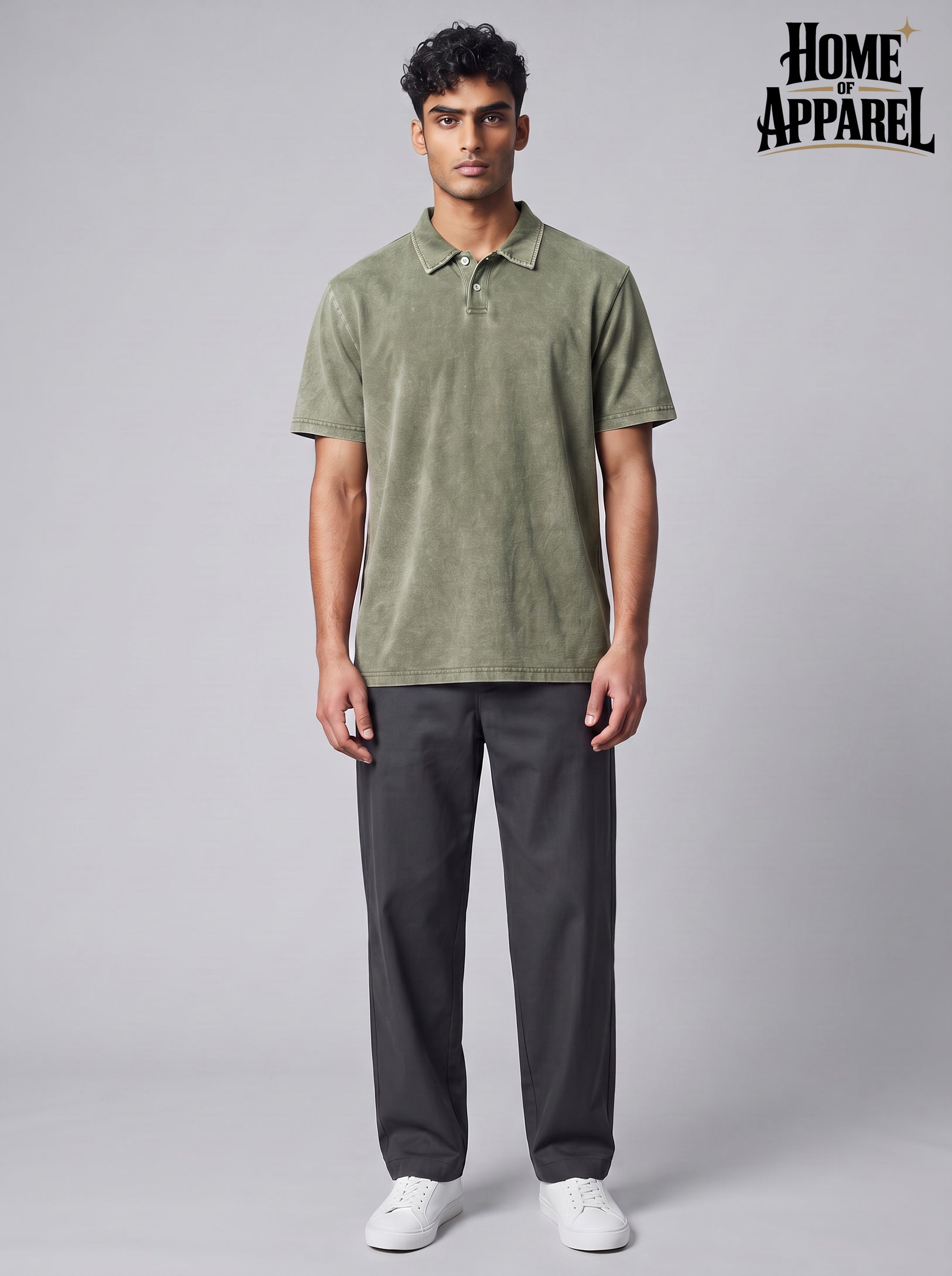 Men’s vintage green  washed heavyweight cotton polo shirt