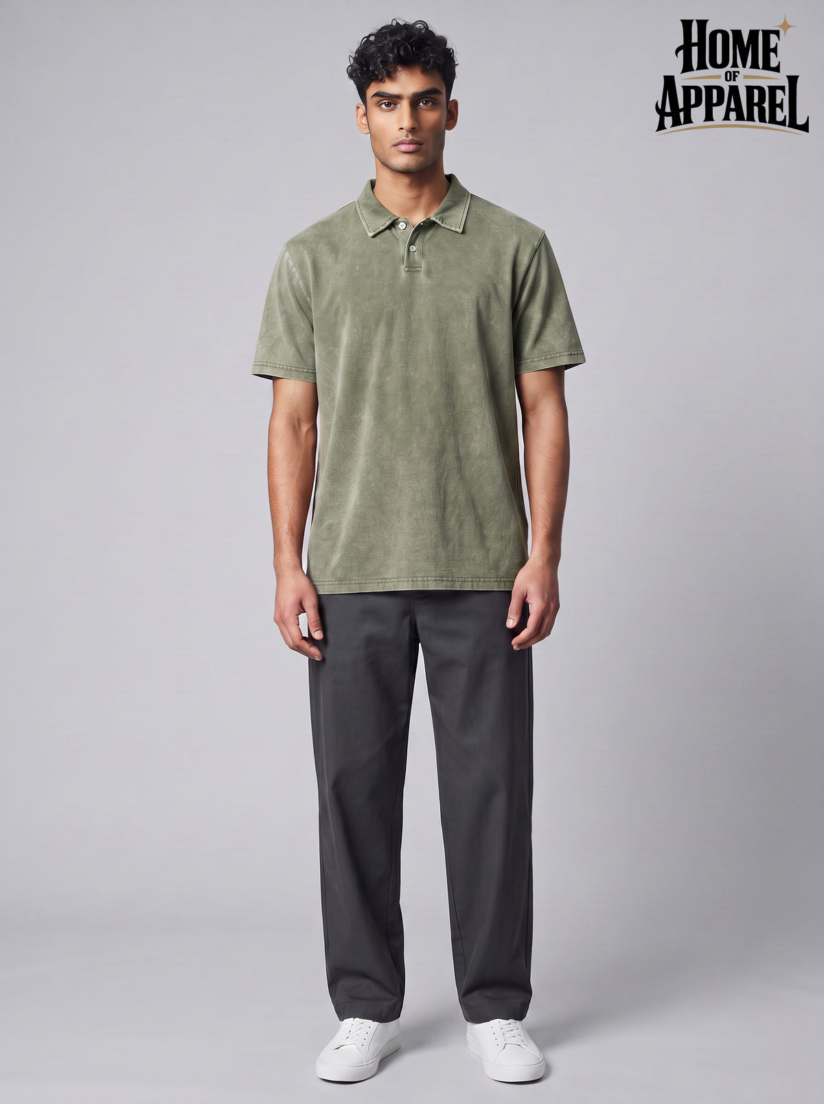 Men’s vintage green  washed heavyweight cotton polo shirt