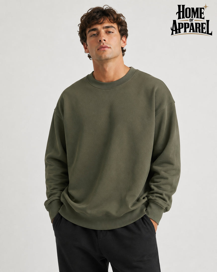 Military green oversized cotton terry crewneck sweatshirt