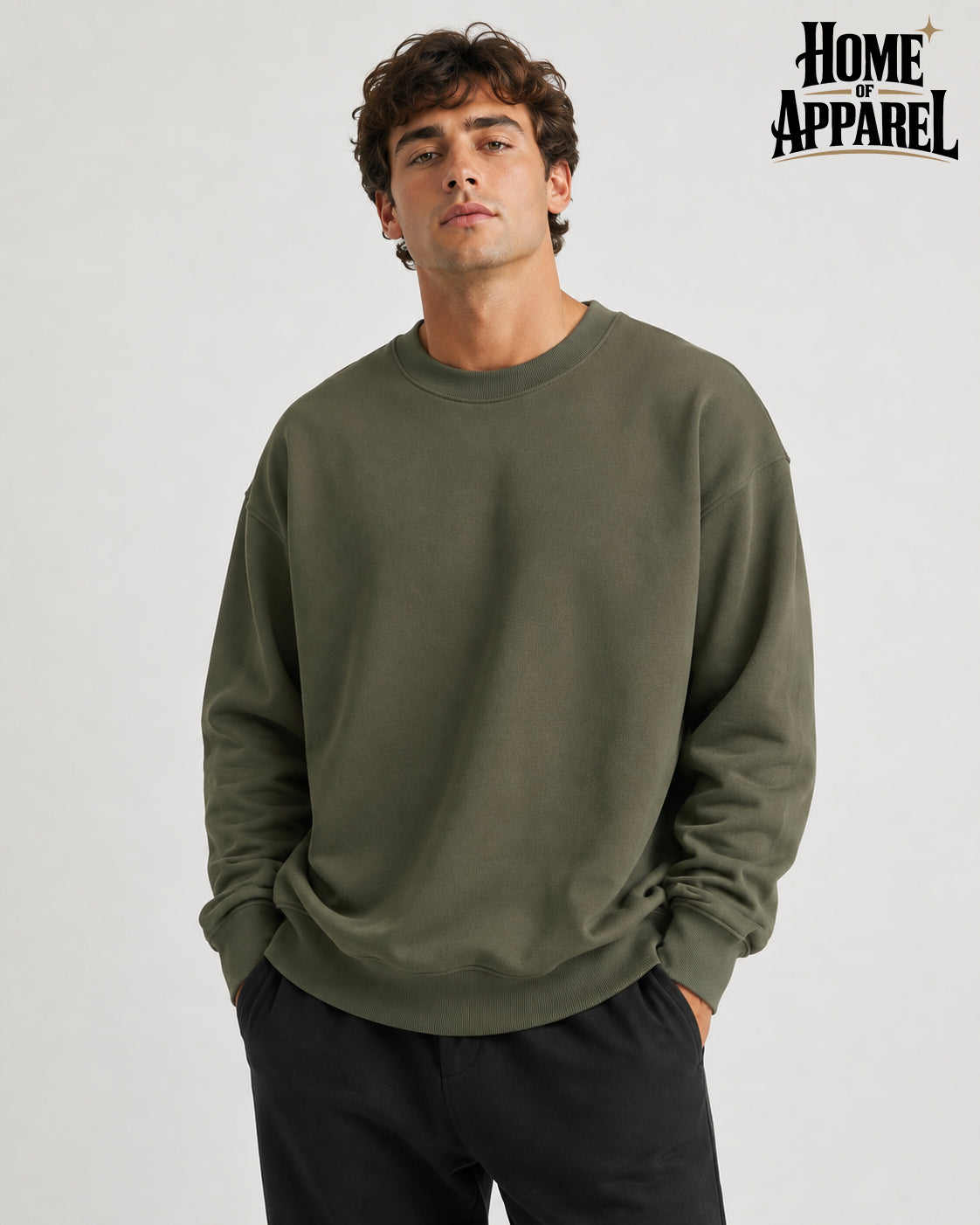 Military green oversized cotton terry crewneck sweatshirt