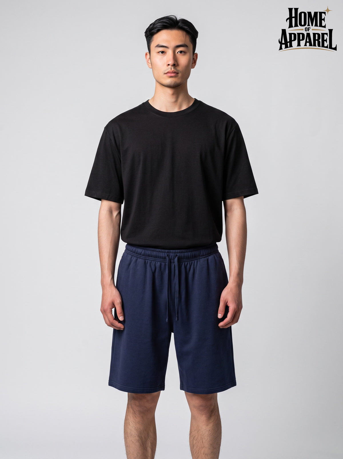 Navy vintage-washed French terry shorts, front view