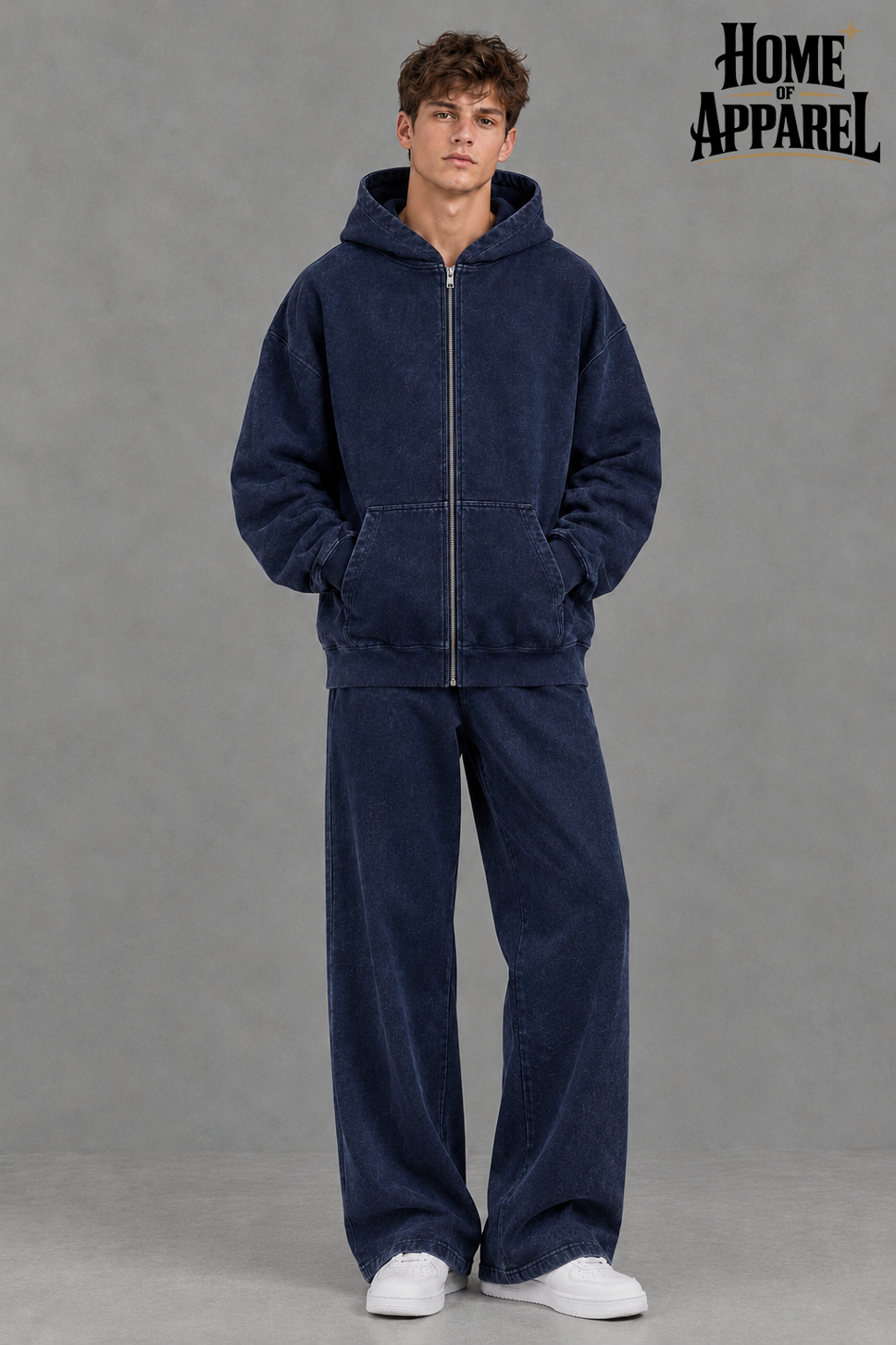 Oversized zip-up hoodie and matching sweatpants set in navy