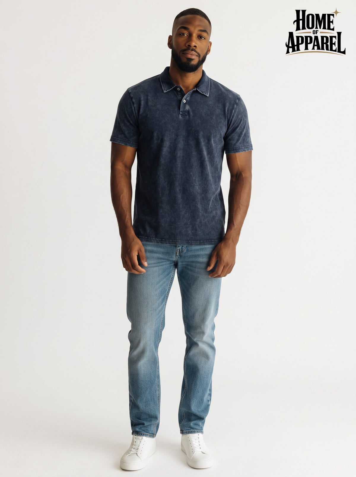 Men’s garment dye blue washed heavyweight cotton polo shirt