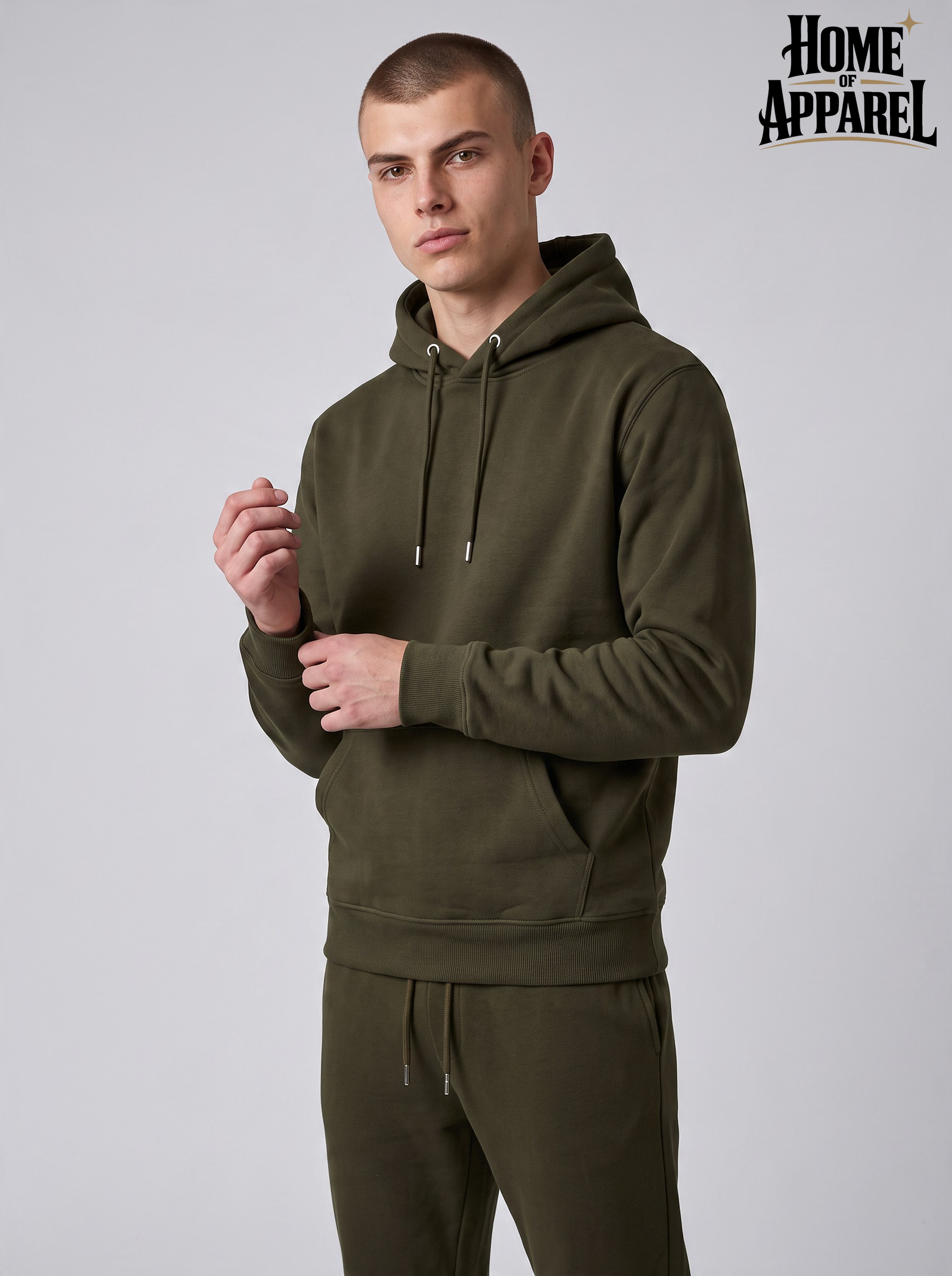 Olive green Modern heavyweight cotton fleece tracksuit designed for warmth and comfort