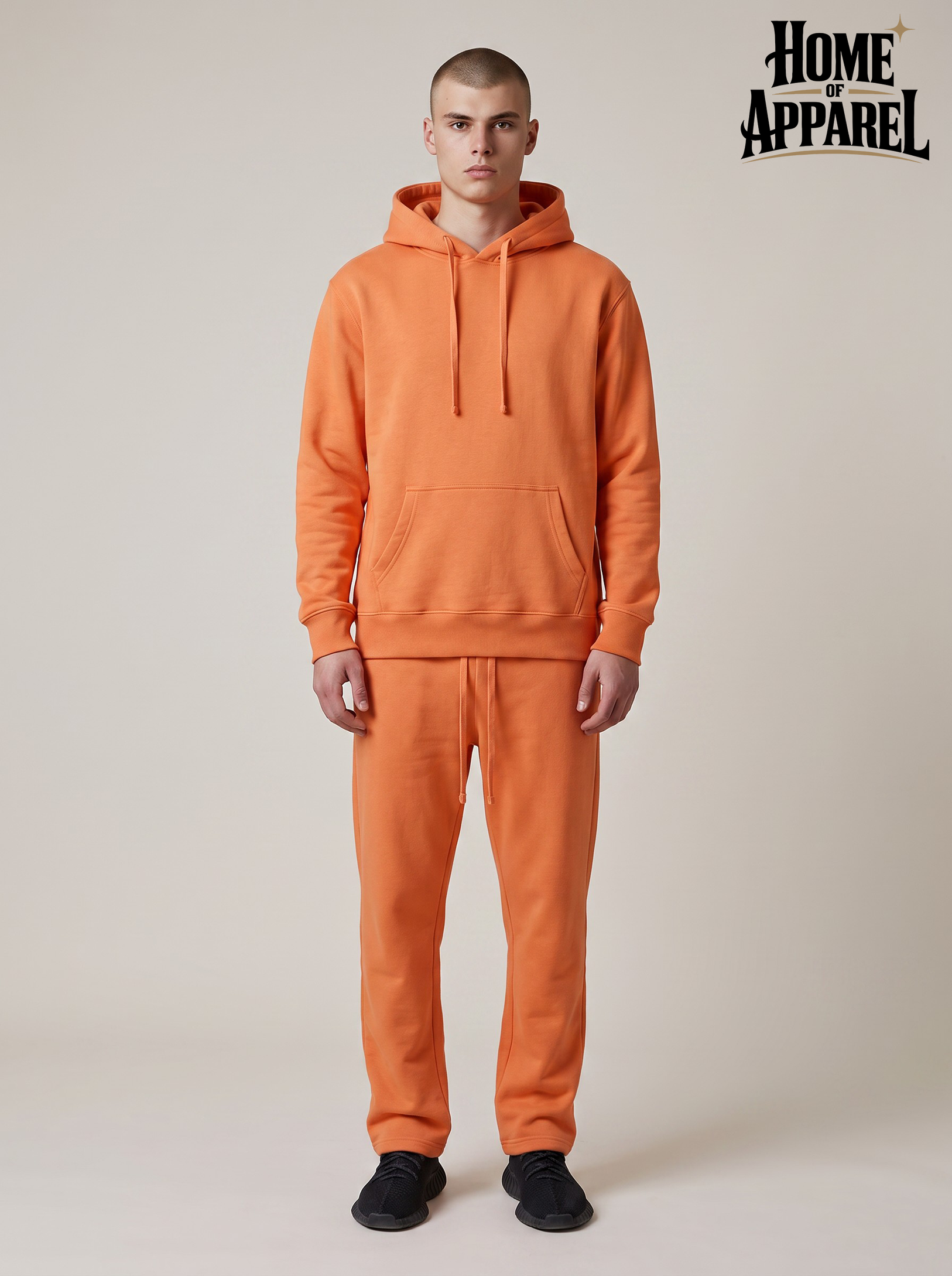 Men's orange 380 GSM cotton fleece hoodie and matching sweatpants set