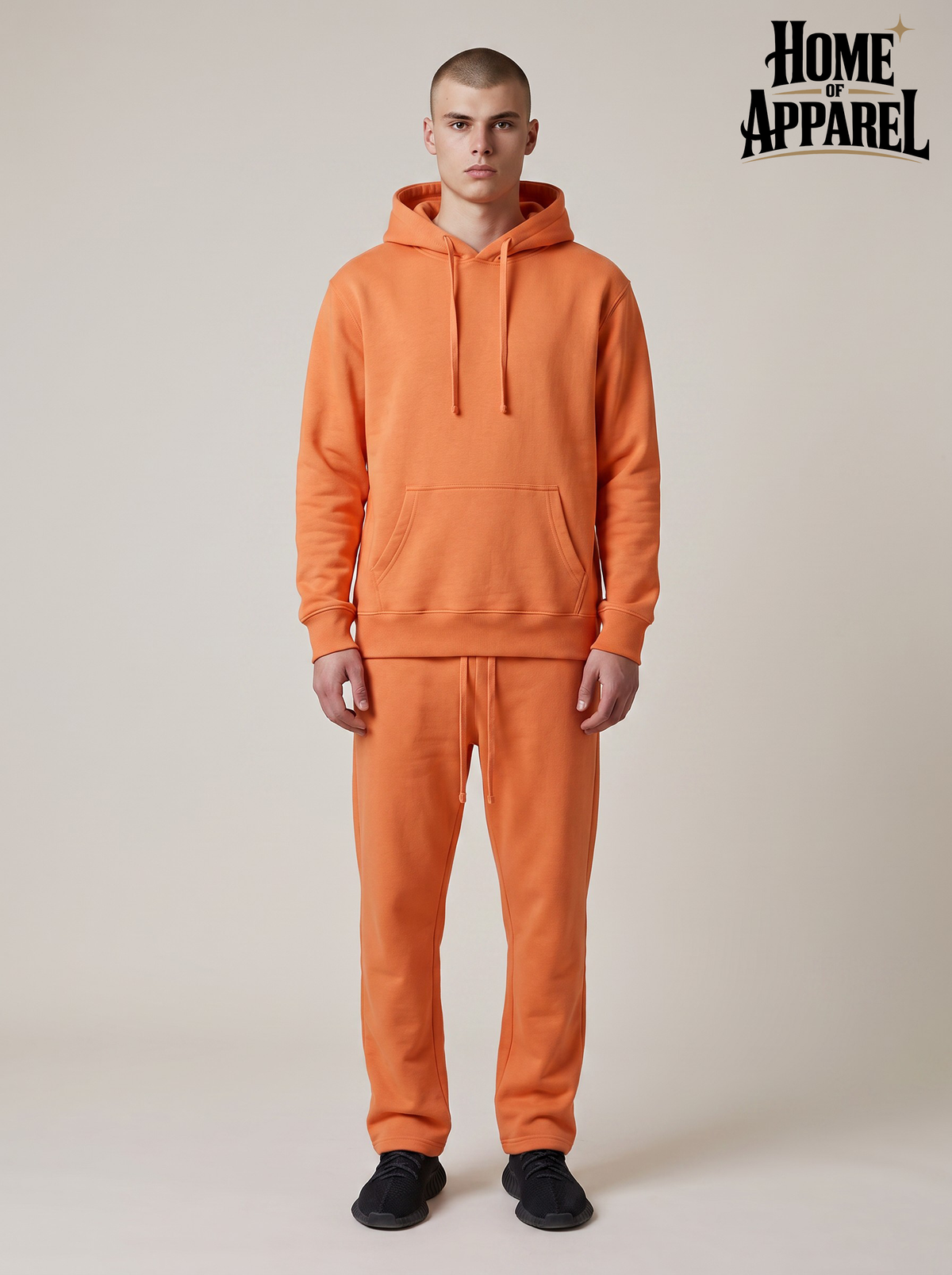 Men's orange 380 GSM cotton fleece hoodie and matching sweatpants set