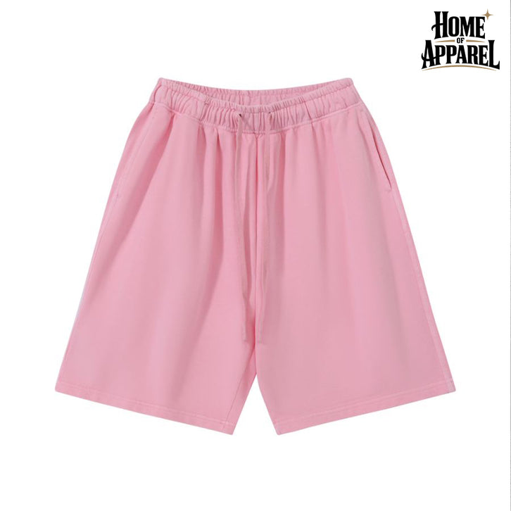 Pink vintage-washed French terry shorts, front view