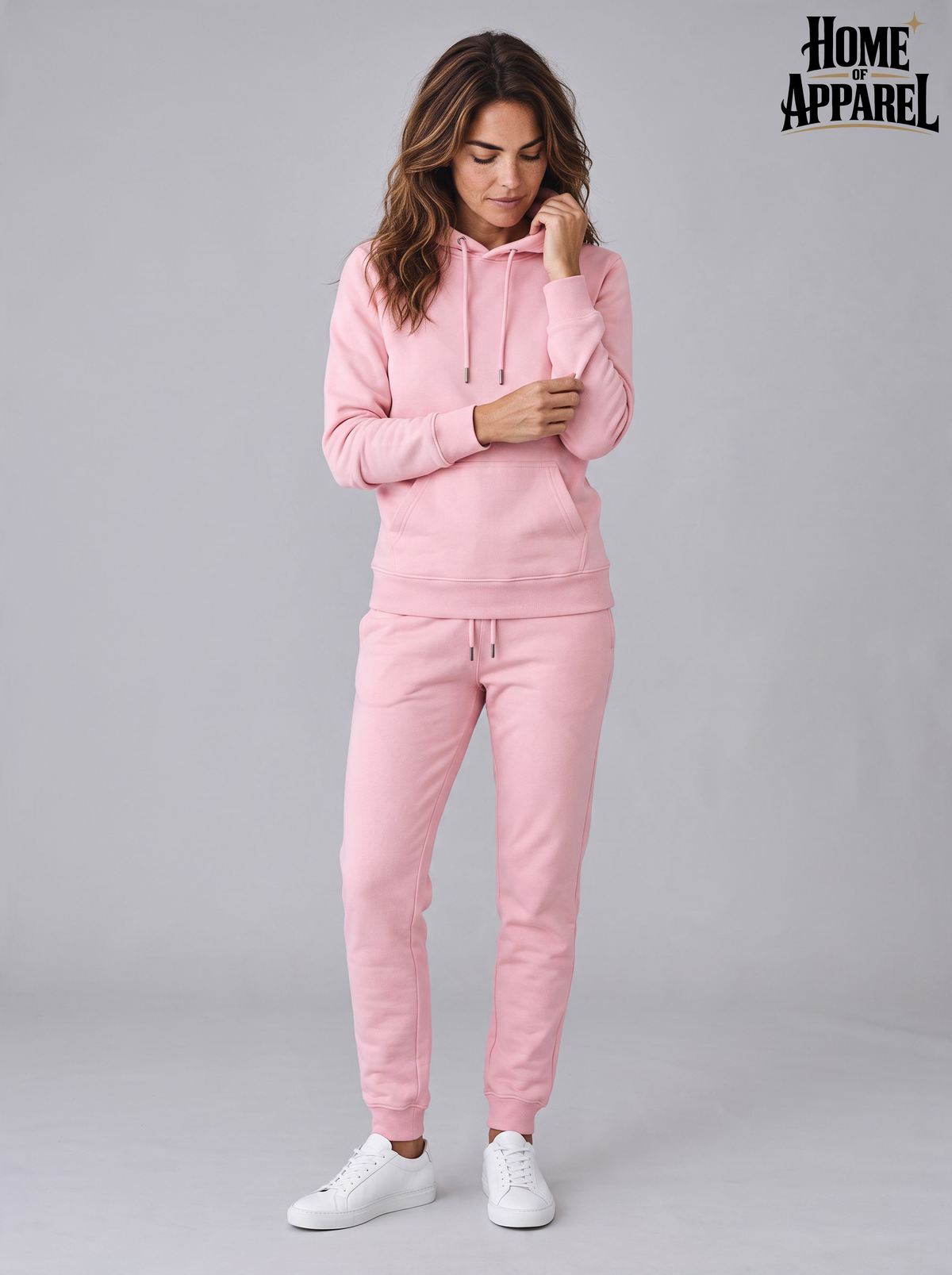 Pink Cotton fleece hoodie,pant with adjustable drawstrings and metal eyelets