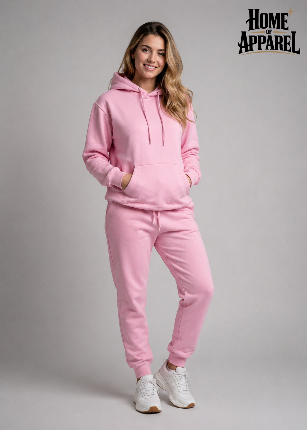 A woman wearing pink pullover hoodie and jogger pants, paired with white sneakers Image