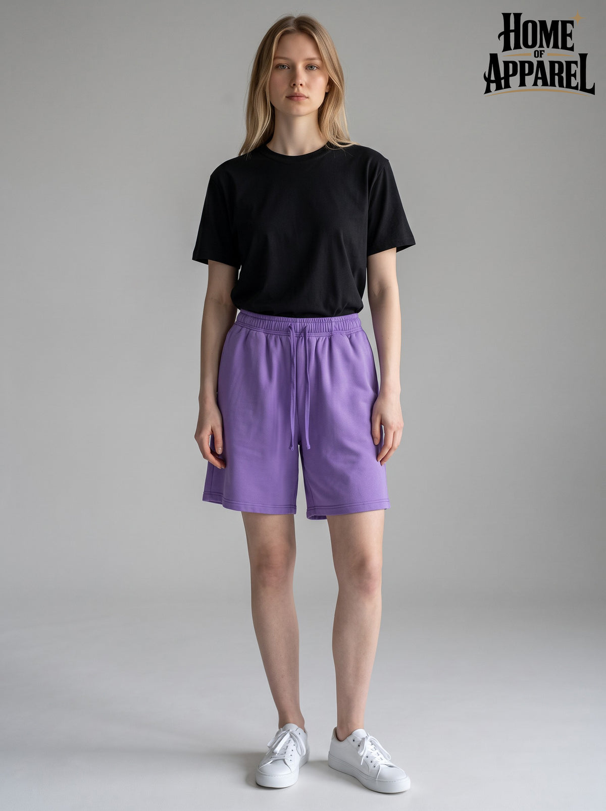 Purple vintage-washed French terry shorts, front view