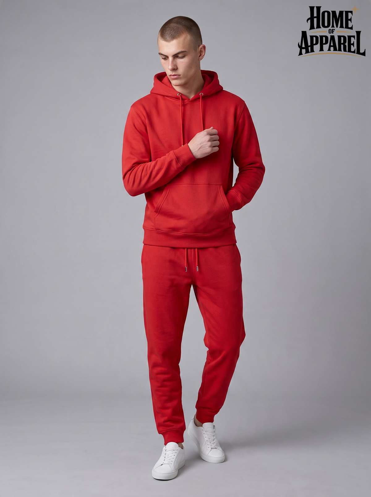 Red Hoodie and  jogger pants featuring side zipper pockets and durable stitching