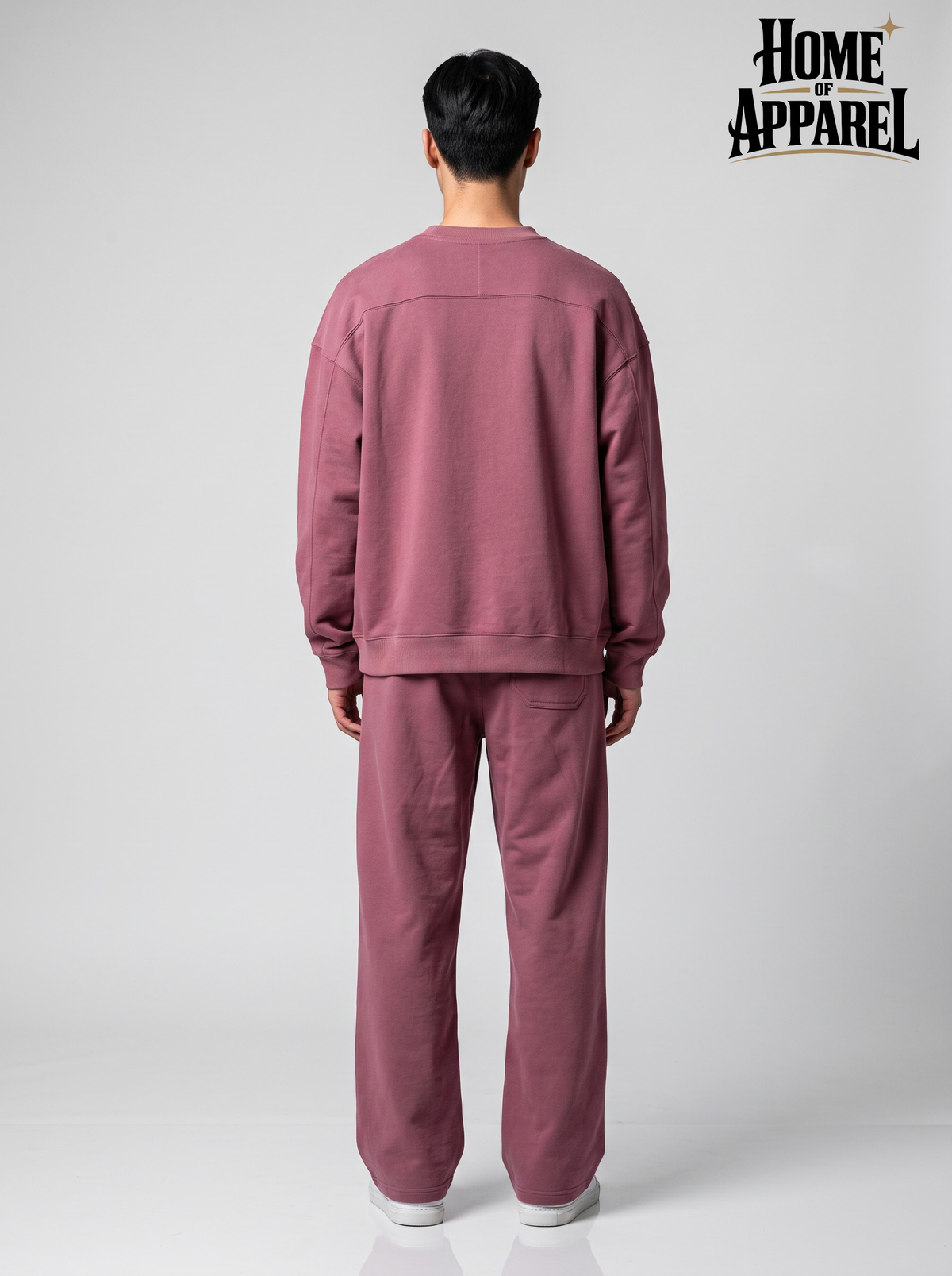 Rose gold men's cotton sweatsuit with oversized sweatshirt and matching sweatpant back view
