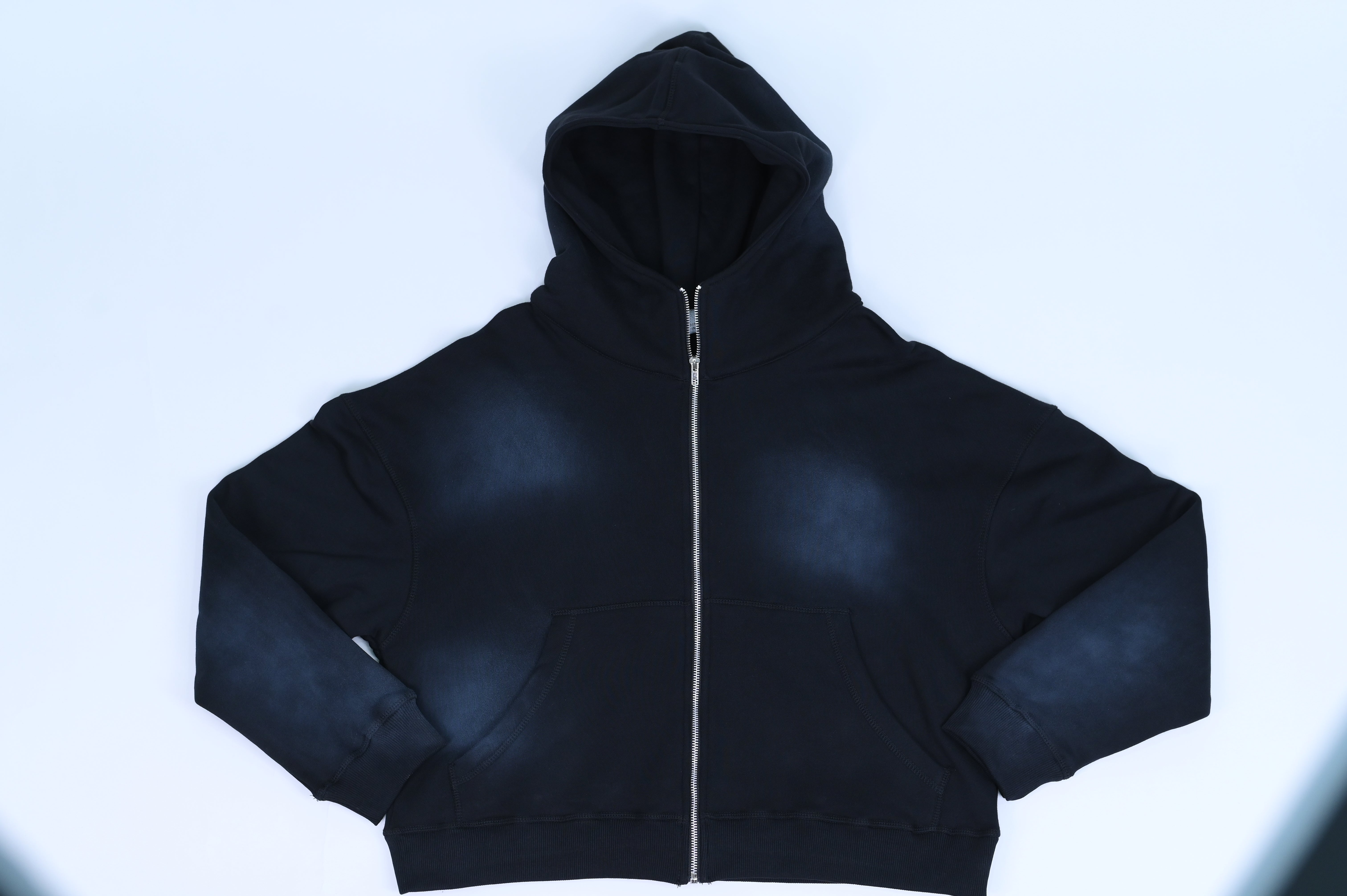 13.5oz Black Sun-Faded Oversized Hoodie – Vintage Cotton Fleece & Full Zipper