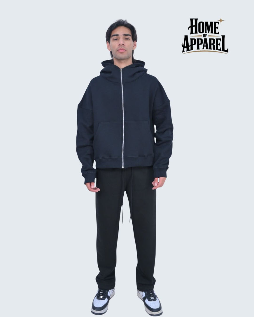 13.5oz Black Oversized Hoodie - Cotton Fleece & Full Zipper