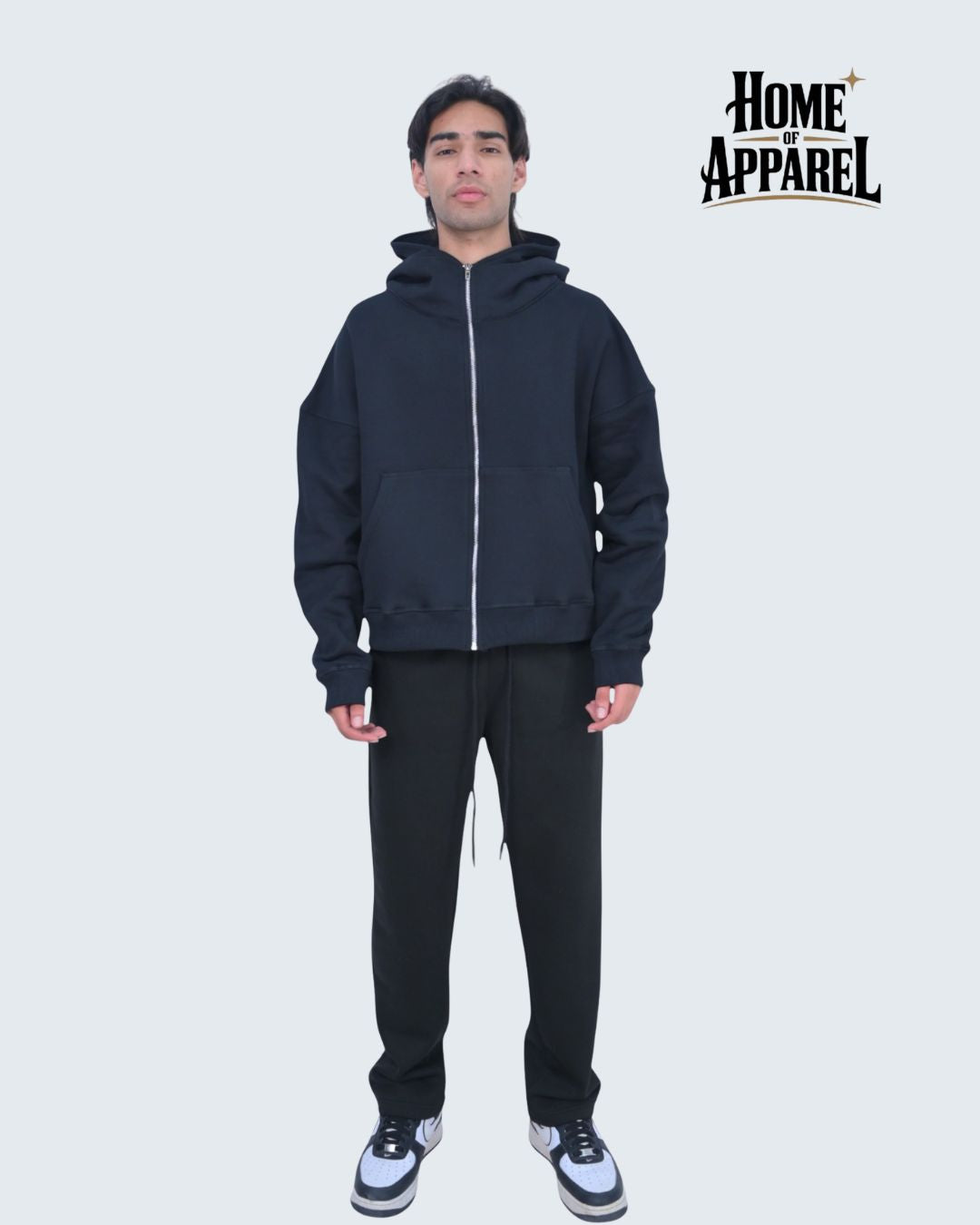 13.5oz Black Oversized Hoodie - Cotton Fleece & Full Zipper