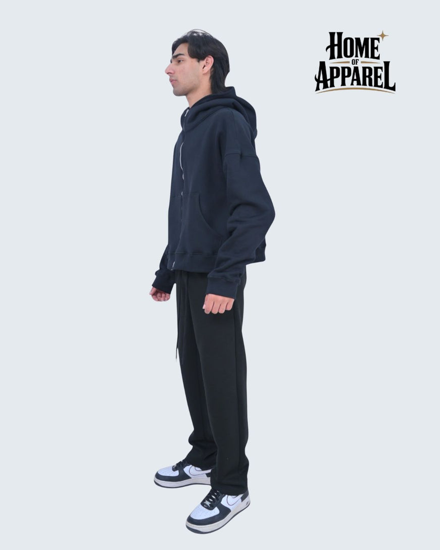 13.5oz Black Oversized Hoodie - Cotton Fleece & Full Zipper