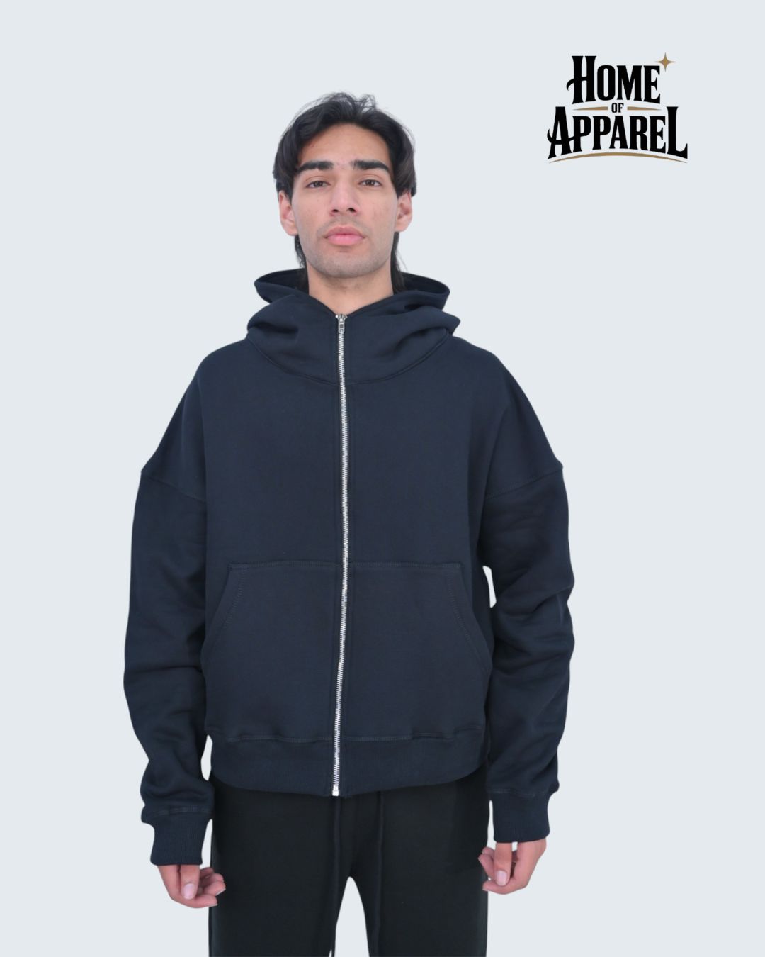 13.5oz Black Oversized Hoodie - Cotton Fleece & Full Zipper