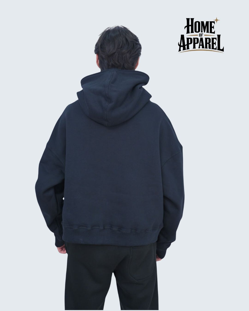13.5oz Black Oversized Hoodie - Cotton Fleece & Full Zipper