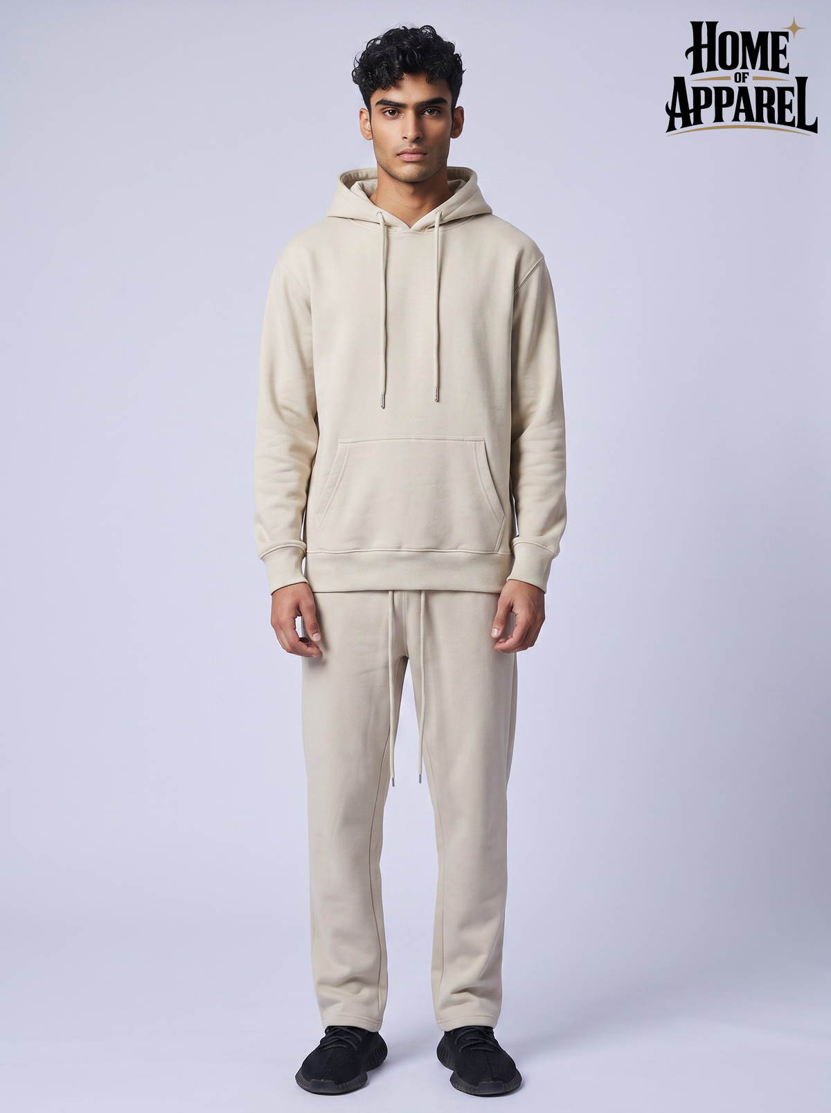 Men's sand color 380 GSM fleece sweatsuit set with drawstring hoodie and pants
