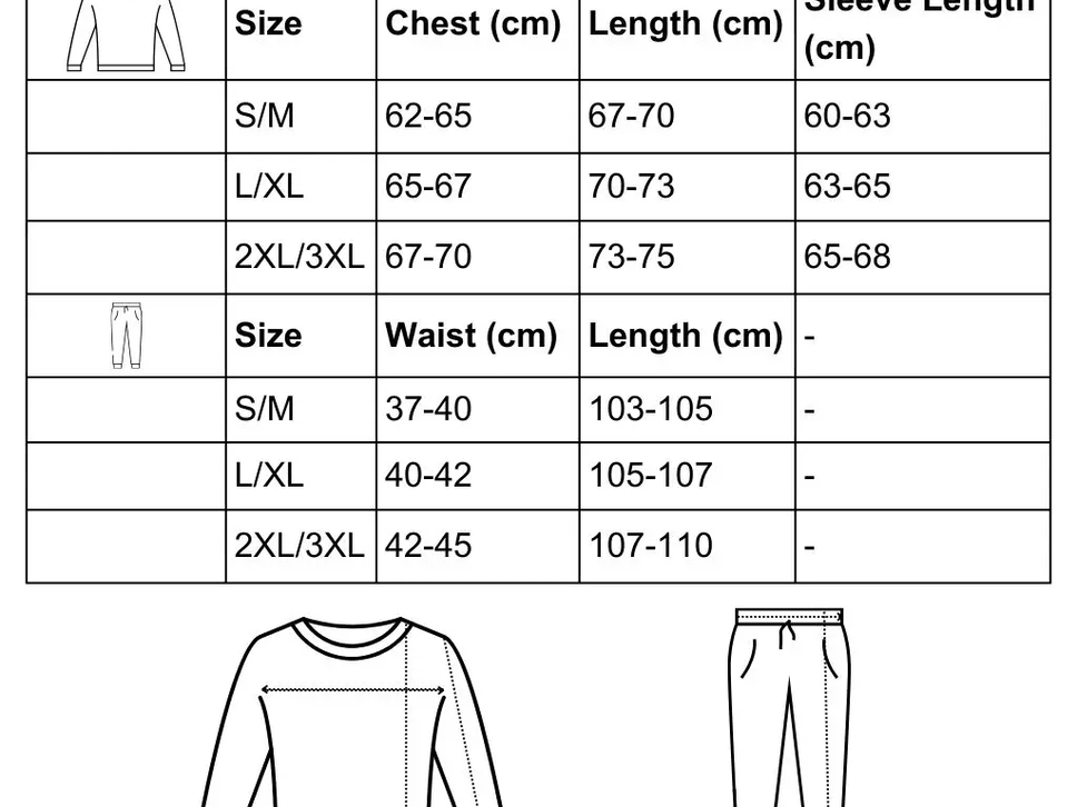A size chart table for a long-sleeve top and matching pants, with size categories