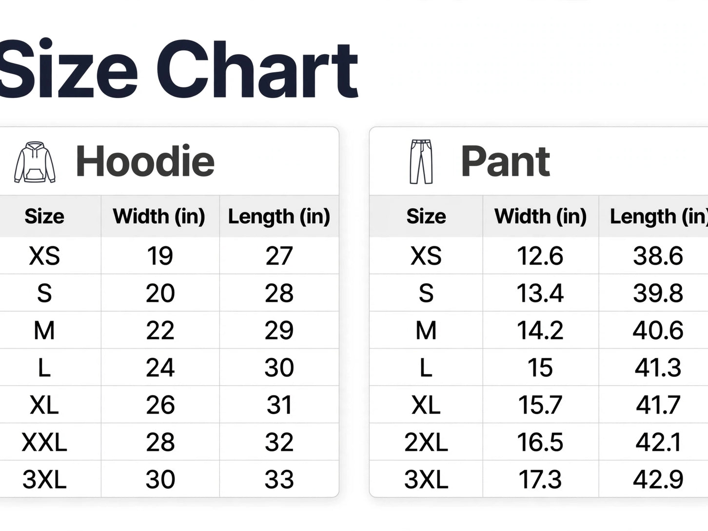Size chart for the unisex 300 GSM fleece sweatsuit set