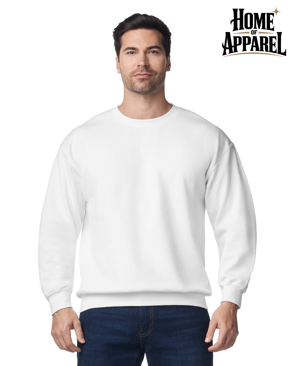 Gildan 18000 white unisex crewneck sweatshirt, front view