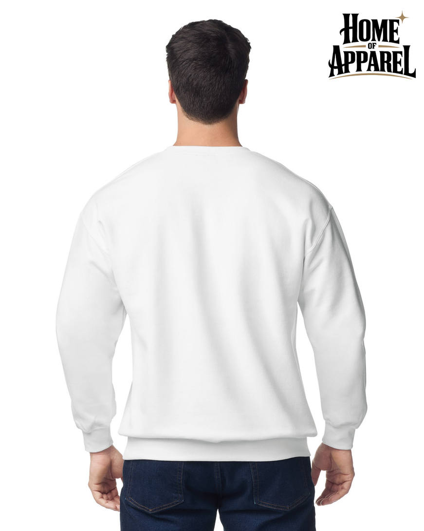 Gildan 18000 Heavy Blend white sweatshirt with ribbed cuffs, back view
