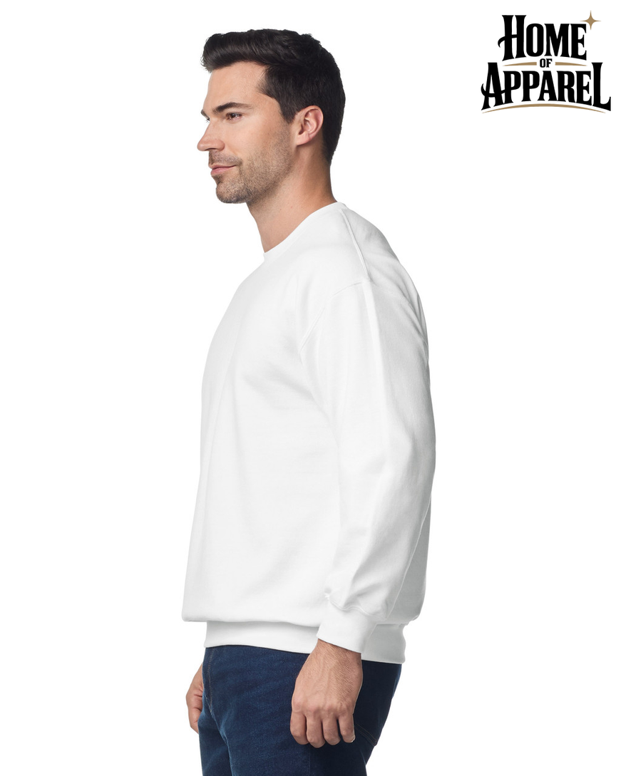 Gildan 18000 Heavy Blend white sweatshirt with ribbed cuffs, side view