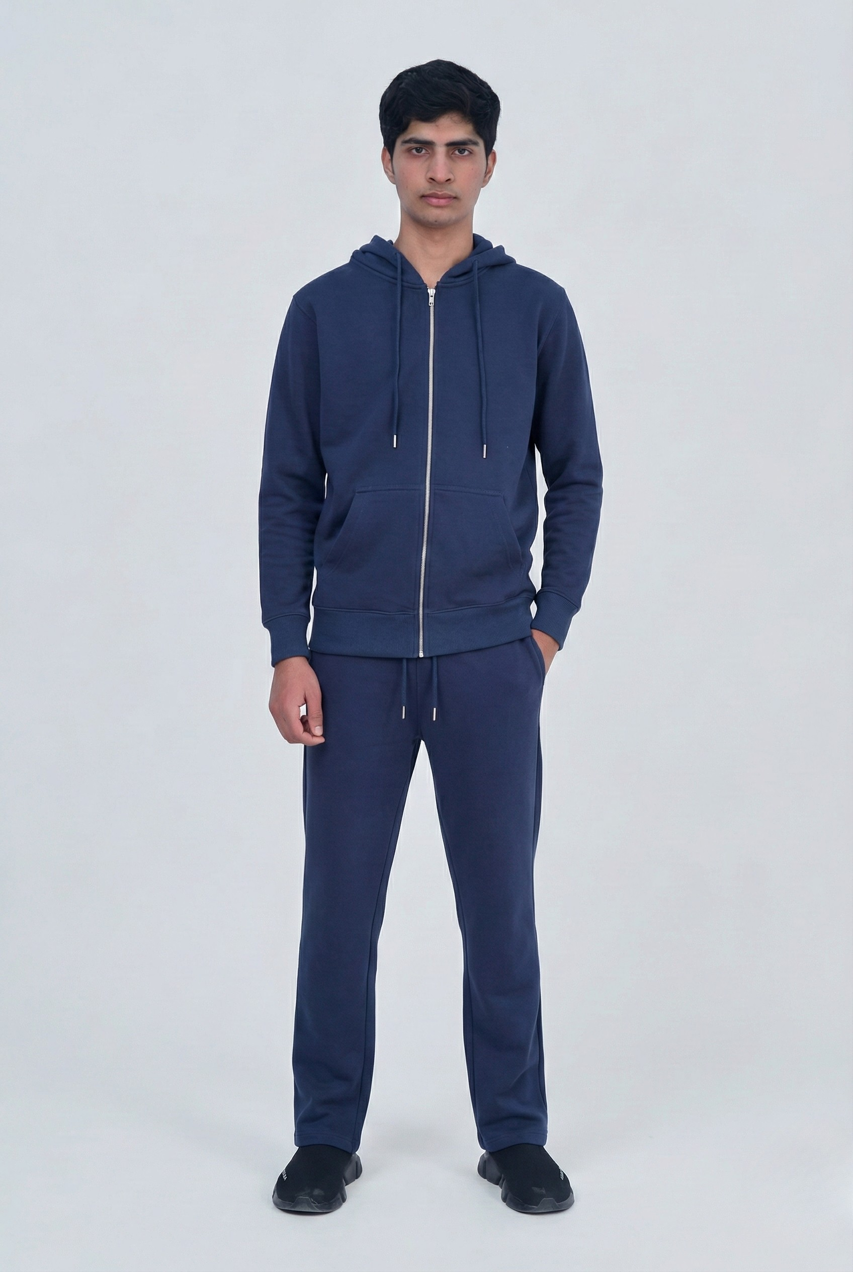 Navy Blue Full Zipper Cotton Fleece Streetwear Sweat Suit