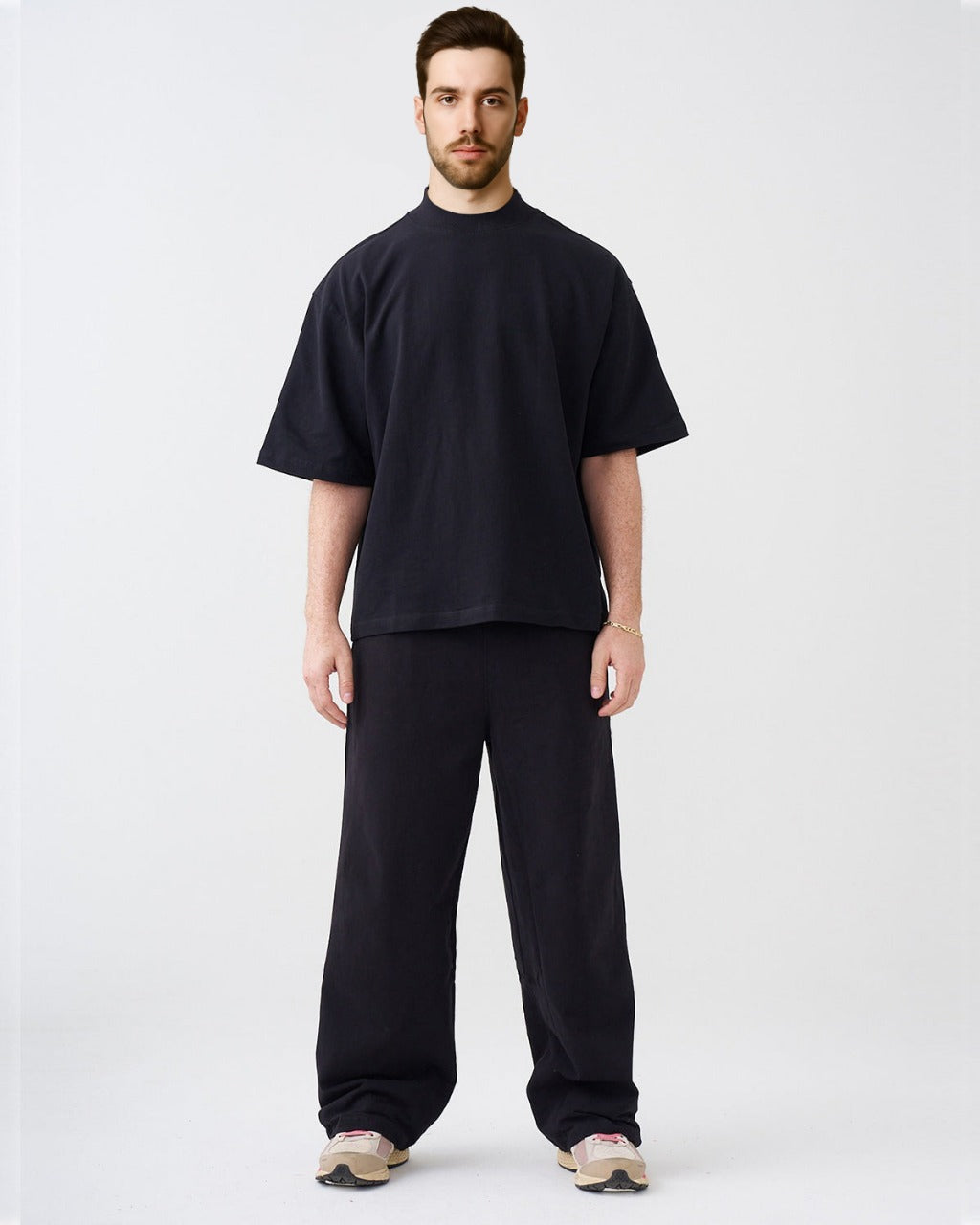 7.5 OZ Mock Neck Peached French Terry Oversized Boxy T-Shirt Black